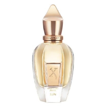 Perfume bottle with gold cap and clear body on a white background
