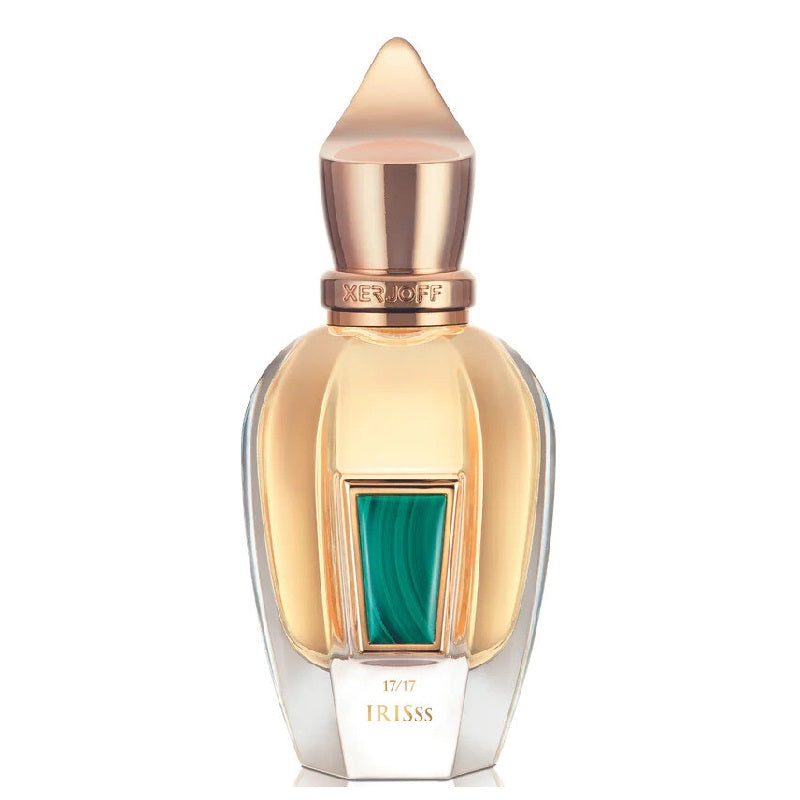 Gold and clear perfume bottle with green accent on a white background