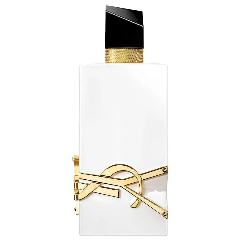 White and gold perfume bottle with black cap on a white background