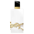 White and gold perfume bottle with black cap on a white background