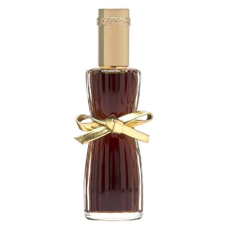 Perfume bottle with gold cap and bow on a white background