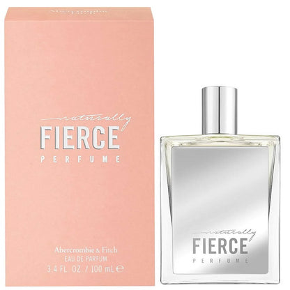 A bottle of 'Naturally Fierce' 100ml Eau De Parfum by Abercrombie & Fitch, with a pink box in the background.