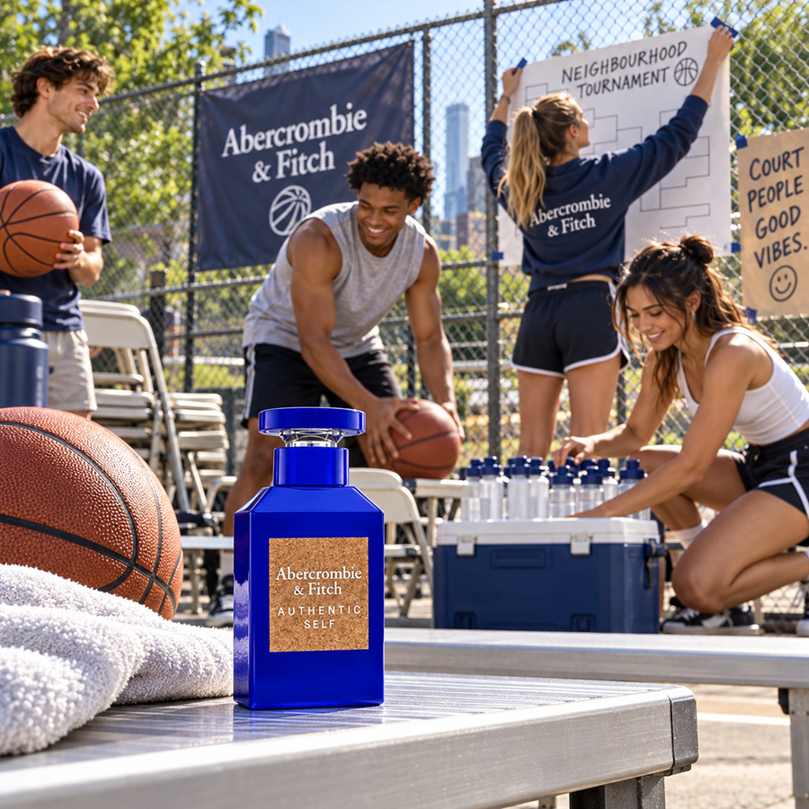 A mixed group of friends preparing a neighbourhood basketball court for a weekend tournament, checking equipment and putting up event signage, with the Authentic Self Man bottle prominently displayed on a clean courtside bench beside discreet Abercrombie & Fitch branding, expressing confidence, friendship and accessible everyday style.