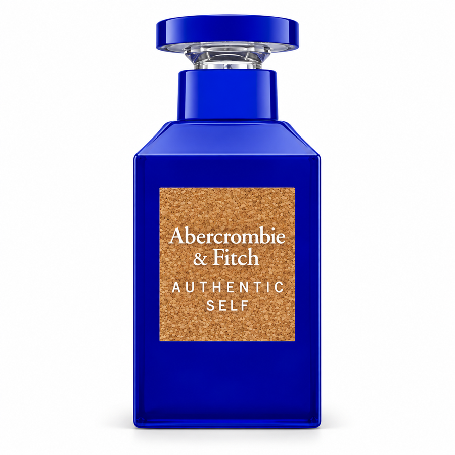 A cobalt blue rectangular perfume bottle with a cork-textured front label reading 'Abercrombie & Fitch AUTHENTIC SELF' on a white background.