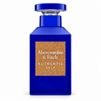 A cobalt blue rectangular perfume bottle with a cork-textured front label reading 'Abercrombie & Fitch AUTHENTIC SELF' on a white background.