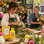 A mixed-age team of women opening a busy neighbourhood florist, unloading fresh flower deliveries and arranging colourful displays, with the Authentic Self bottle prominently displayed on the counter beside discreet Abercrombie & Fitch signage, expressing everyday confidence and individuality.
