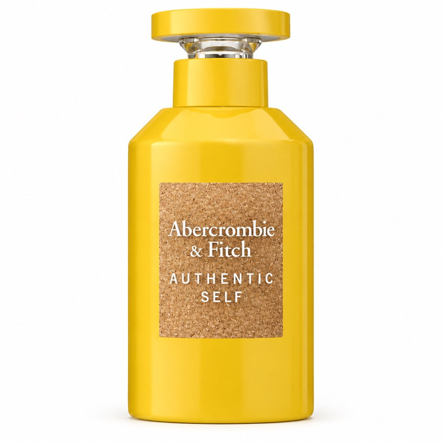 Bottle Image: Abercrombie & Fitch Authentic Self Woman 100ml Eau de Parfum bright-yellow sculptural bottle with matching cap and cork-effect front label on a clean white background