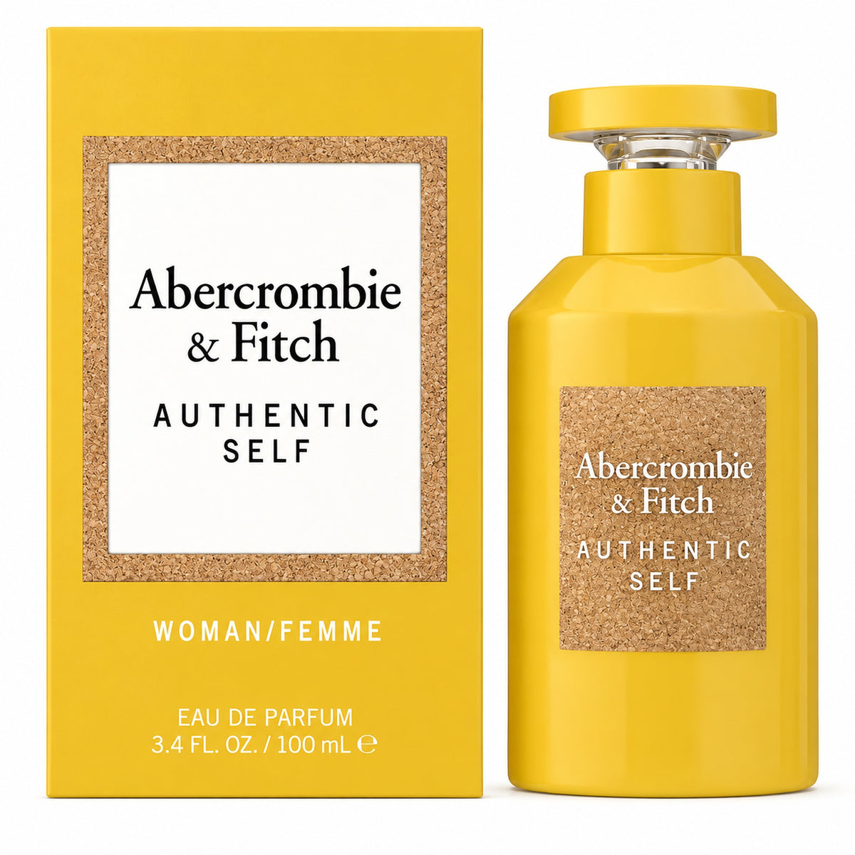 Pack Image: Abercrombie & Fitch Authentic Self Woman 100ml Eau de Parfum yellow bottle beside its matching yellow presentation box with white branding panel and cork-effect border on a clean white background