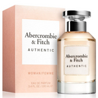 A bottle of Abercrombie & Fitch Authentic Eau de Parfum next to its peach-colored packaging box, on a clean white background.