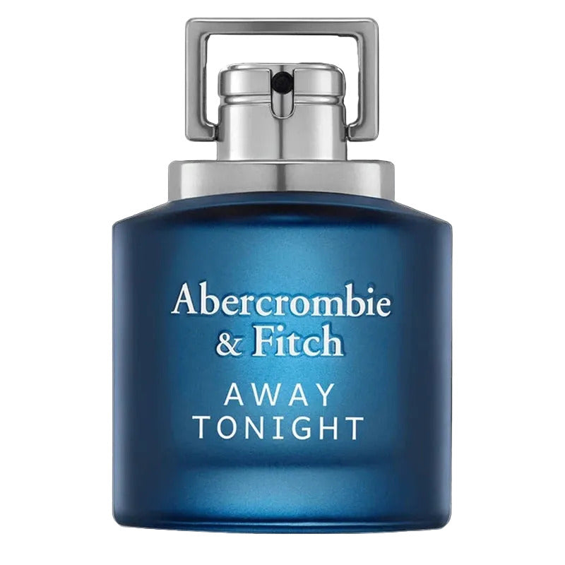 Abercrombie & Fitch Away Tonight perfume bottle in a metallic blue glass bottle with a silver spray pump and a rectangular silver cap, shown against a solid black background.