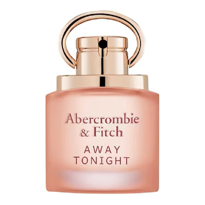 Abercrombie & Fitch Away Tonight perfume bottle in a soft peach-pink glass with a metallic rose gold cap and handle, shown on a plain white background.