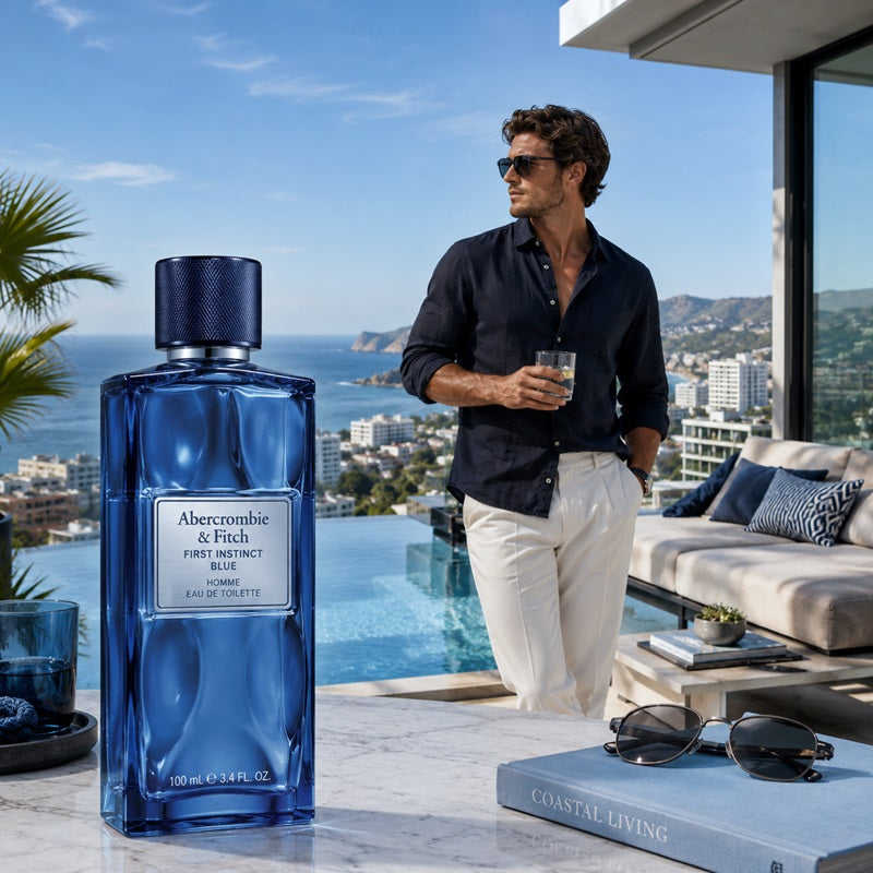 A large bottle of Abercrombie & Fitch First Instinct Blue Eau de Toilette stands on a marble terrace next to a man in a navy shirt and white trousers holding a drink, with an ocean and coastal city view in the background.