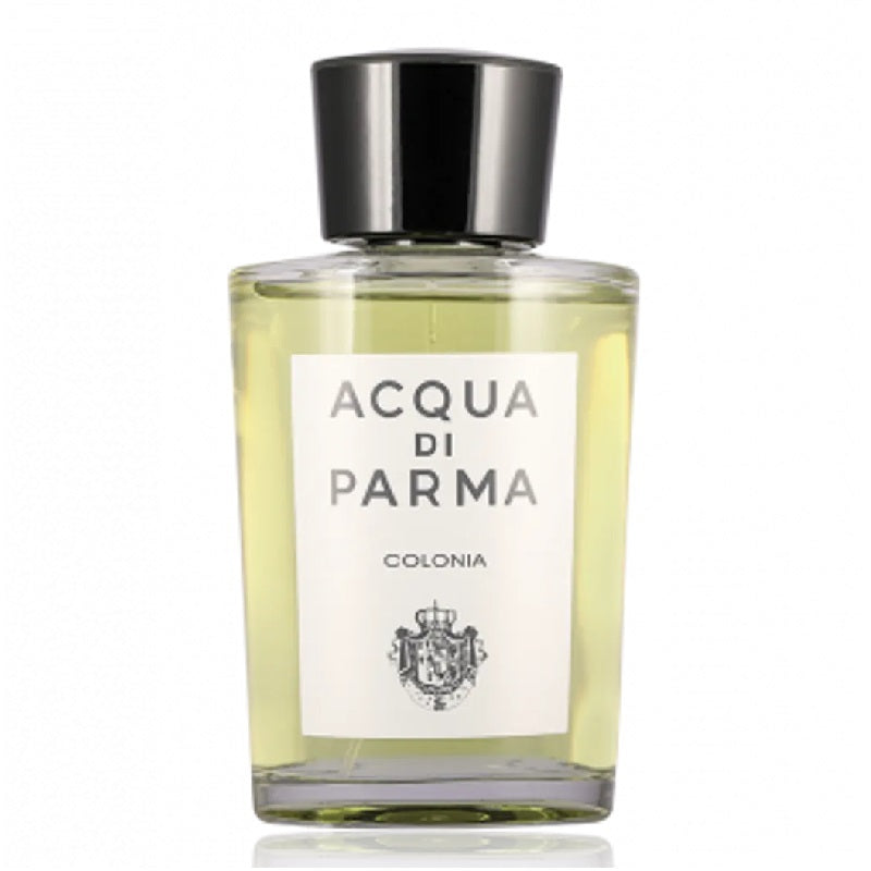 A clear glass bottle of Acqua Di Parma Colonia eau de cologne with a black cap and a label featuring the brand name and product name.