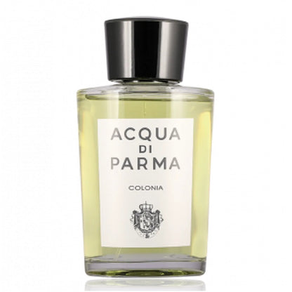 A clear glass bottle of Acqua Di Parma Colonia eau de cologne with a black cap and a label featuring the brand name and product name.
