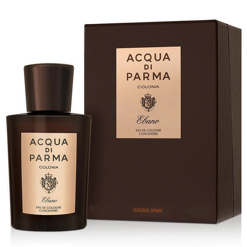A product image featuring Colonia Ebano Concentree Eau De Cologne by Acqua Di Parma, with a 100ml cologne bottle next to its packaging box.
