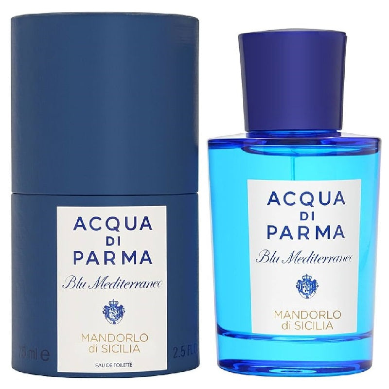 A blue bottle of Acqua Di Parma Blu Mediterraneo Mandorlo di Sicilia Eau de Toilette with a white label