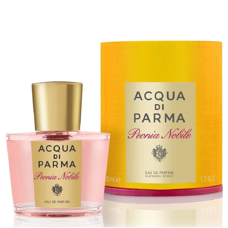 Acqua di Parma Peonia Nobile Eau de Parfum 50ml spray bottle with a gold cap next to its yellow cylindrical box packaging, on a white background with a soft reflection.