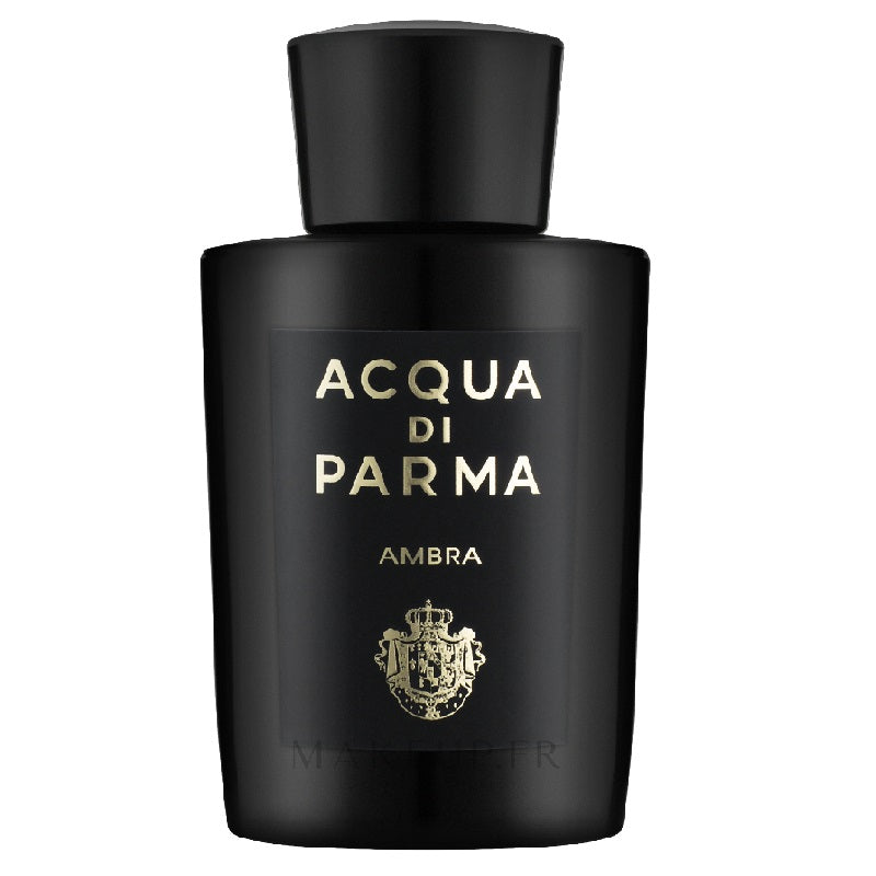 A black bottle of Acqua Di Parma Ambra Parfum with gold and white text and a logo on the label.