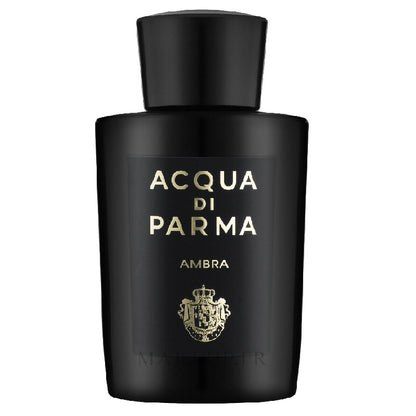 A black bottle of Acqua Di Parma Ambra Parfum with gold and white text and a logo on the label.
