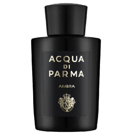 A black bottle of Acqua Di Parma Ambra Parfum with gold and white text and a logo on the label.