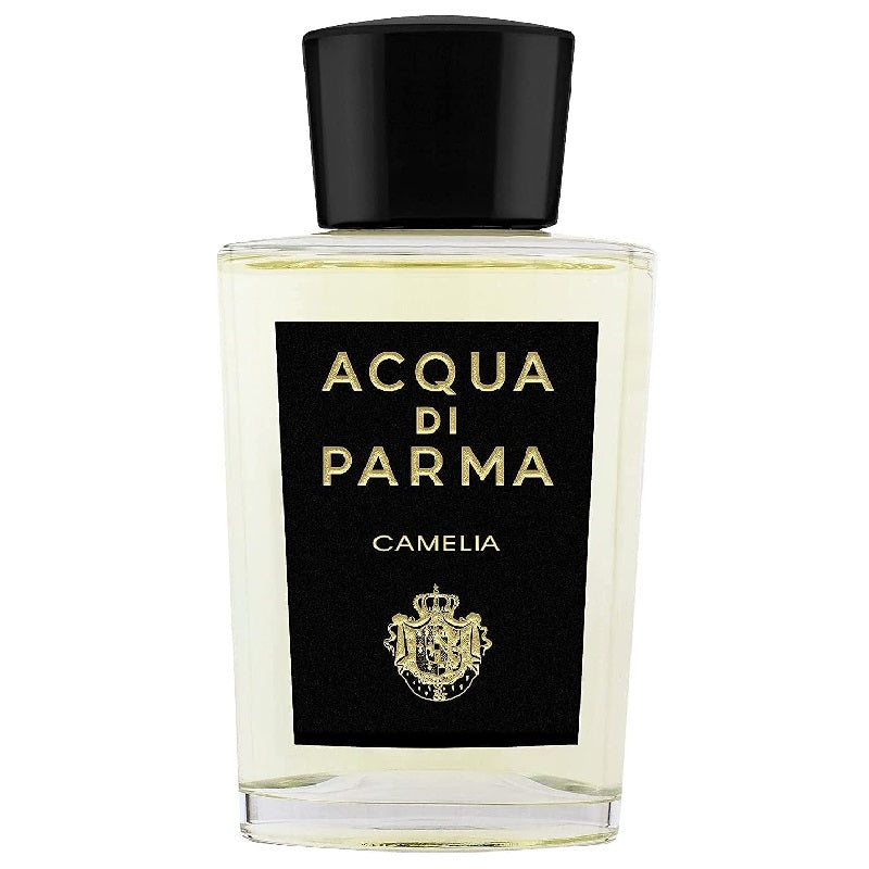 A clear glass bottle of Acqua Di Parma Camelia Parfum with a black cap and label featuring the Acqua Di Parma logo.