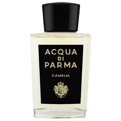 A clear glass bottle of Acqua Di Parma Camelia Parfum with a black cap and label featuring the Acqua Di Parma logo.