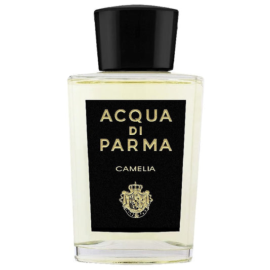 A clear glass bottle of Acqua Di Parma Camelia Parfum with a black cap and label featuring the Acqua Di Parma logo.