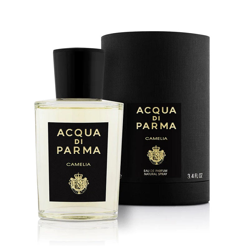 Image of Acqua Di Parma Camelia Perfume bottle next to Black tube Packaging on a white background