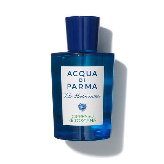A blue bottle of Acqua Di Parma Cipresso di Toscana Eau de Toilette with a white label displaying the product name and brand.
