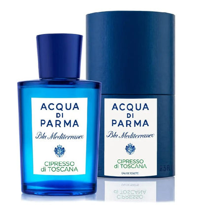 Shows bottle of Cipresso di Toscana and circular blue packaging with blue branding and name