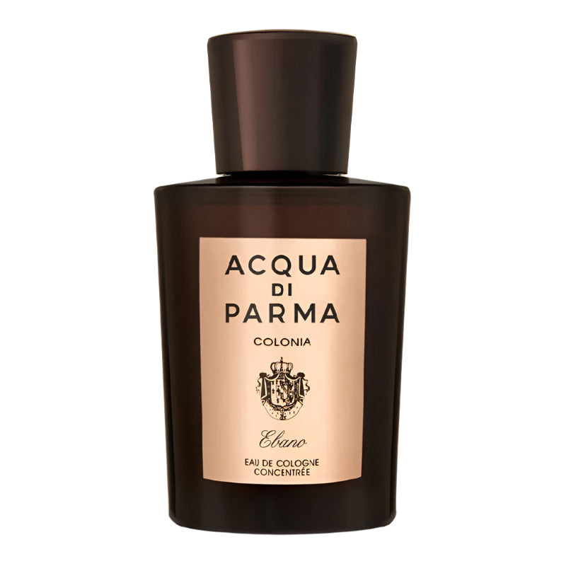A bottle of Acqua Di Parma Colonia Ebano Eau de Cologne Concentree with a dark brown topper and a label with the product name and the word 'Colonia' printed in a classic font.