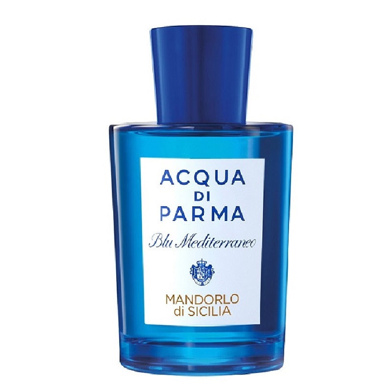 A blue bottle of Acqua Di Parma Blu Mediterraneo Mandorlo di Sicilia Eau de Toilette with a white label displaying the product name and a blue cap.