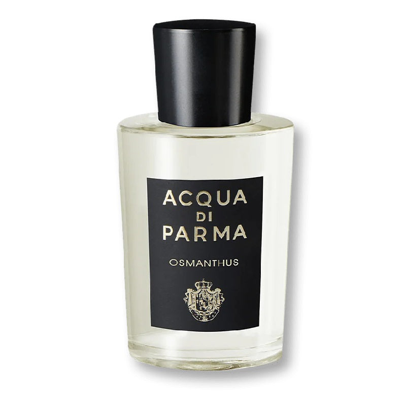 A clear glass bottle of Acqua Di Parma Osmanthus Parfum with a black cap and white label.