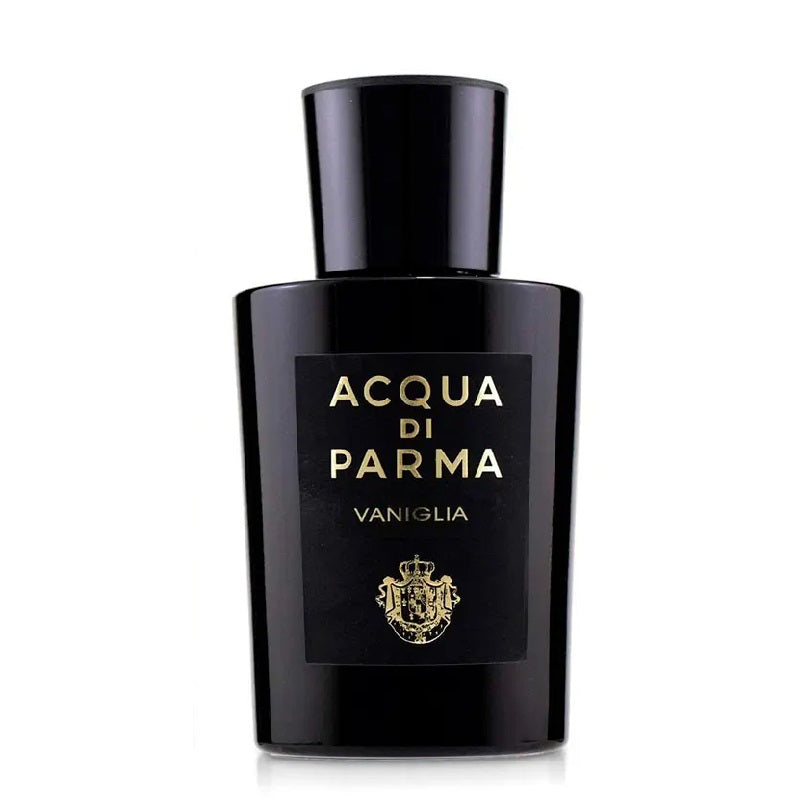 A black bottle of Acqua Di Parma Vaniglia eau de cologne with a gold label.