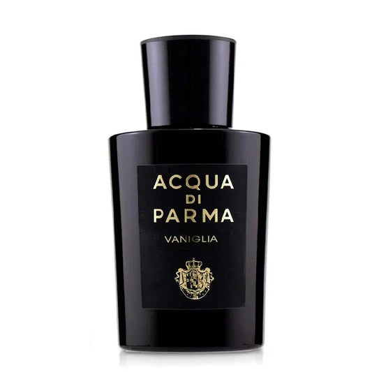 A black bottle of Acqua Di Parma Vaniglia eau de cologne with a gold label.