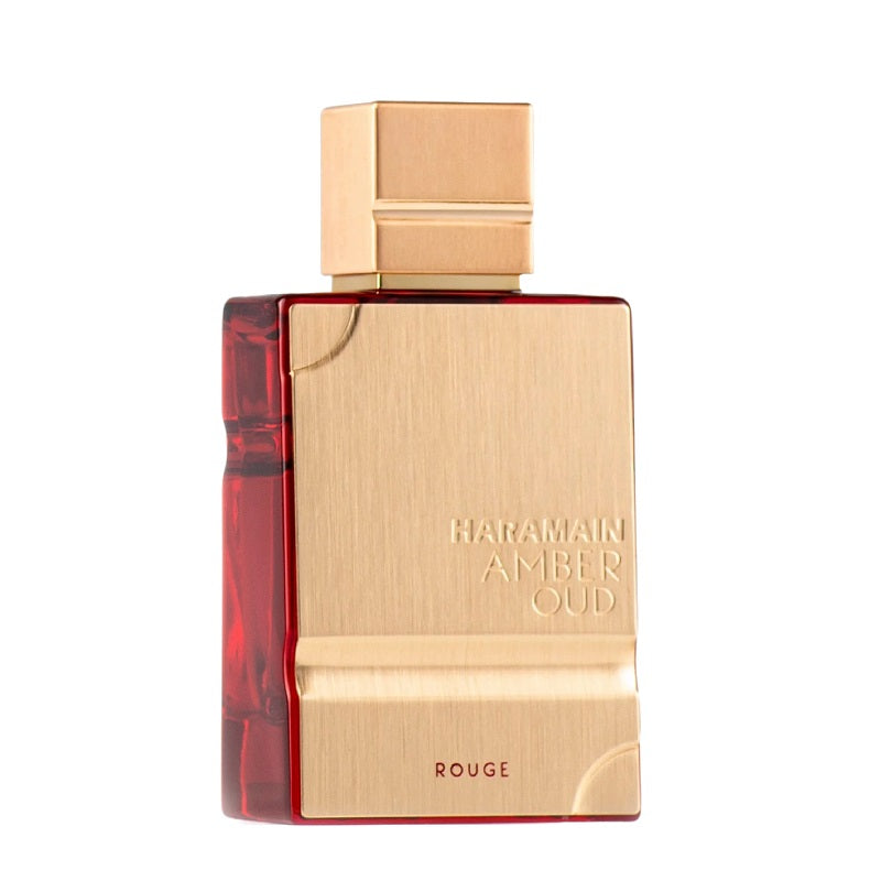 Haramain Amber Oud Rouge perfume bottle on a white background