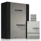 A product image featuring Al Haramain Amber Oud Carbon Edition Eau de Parfum in a silver bottle with a black box packaging.