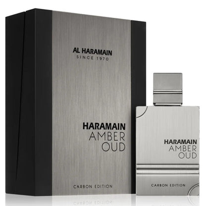 A product image featuring Al Haramain Amber Oud Carbon Edition Eau de Parfum in a silver bottle with a black box packaging.