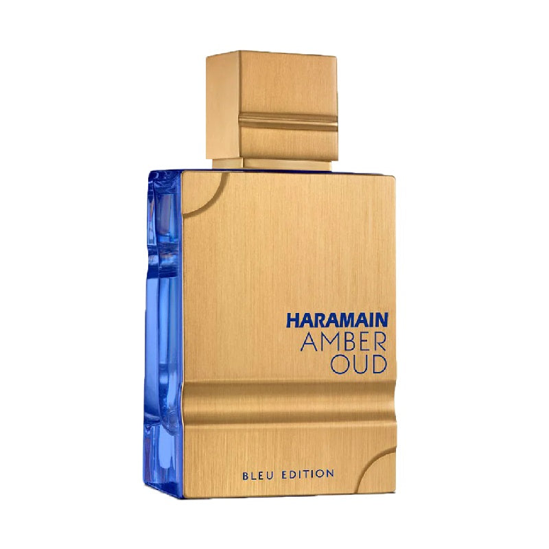 A bottle of Amber Oud Blue Edition Eau de Parfum by Al Haramain with a gold and blue label, indicating the fragrance notes and edition.