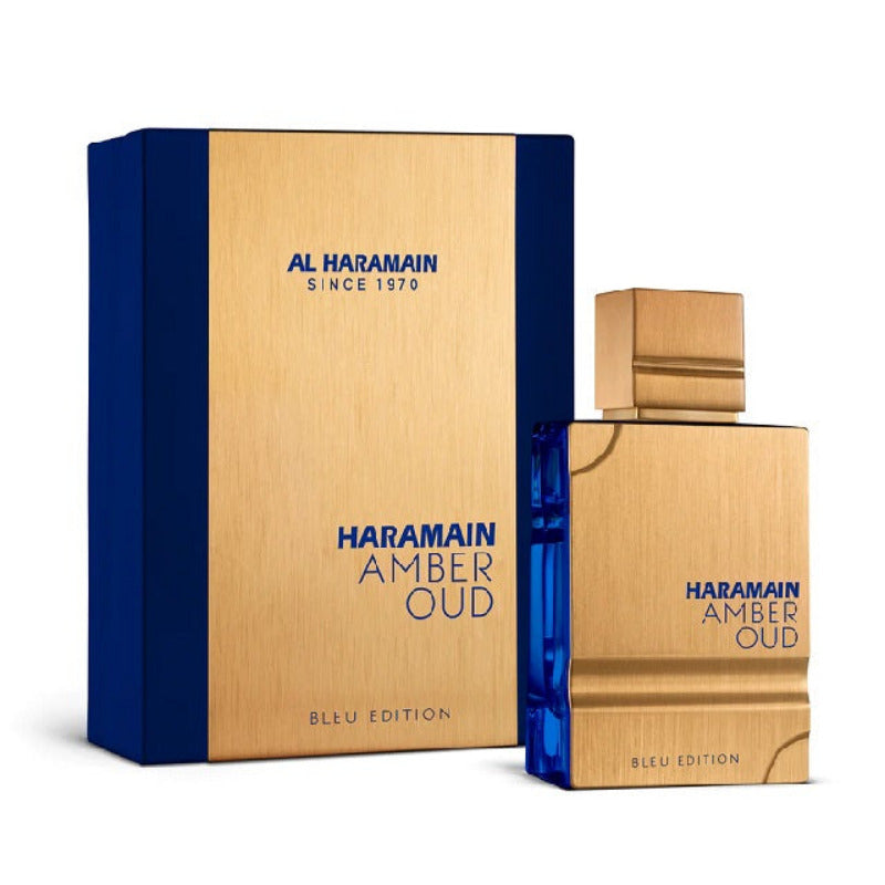 A product image featuring a 60ml bottle of Amber Oud Blue Eau de Parfum by Al Haramain, with a blue and gold color scheme, alongside its packaging.