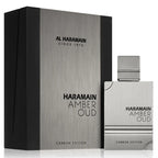 A product image featuring Al Haramain Amber Oud Carbon Eau de Parfum in a silver bottle with a black box packaging.