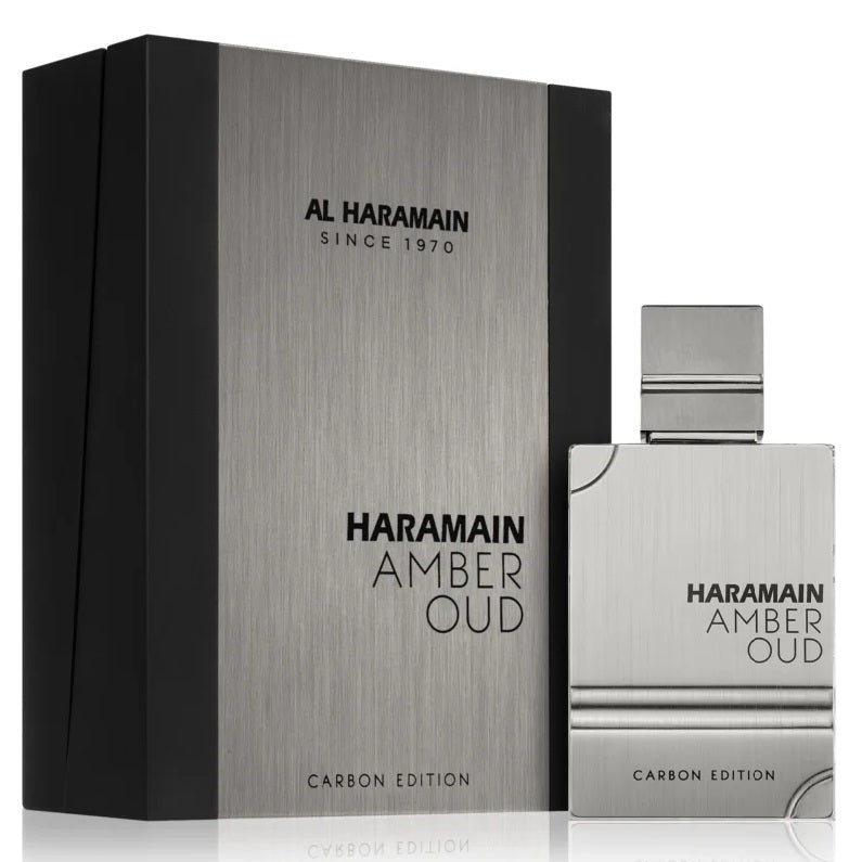 A product image featuring Al Haramain Amber Oud Carbon Eau de Parfum in a silver bottle with a black box packaging.