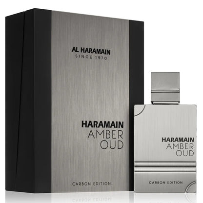 A product image featuring Al Haramain Amber Oud Carbon Eau de Parfum in a silver bottle with a black box packaging.