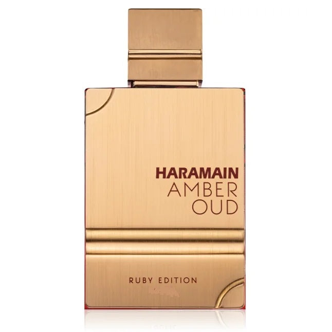 A bottle of Amber Oud Ruby Edition Eau de Parfum by Al Haramain with a gold and brown color scheme.