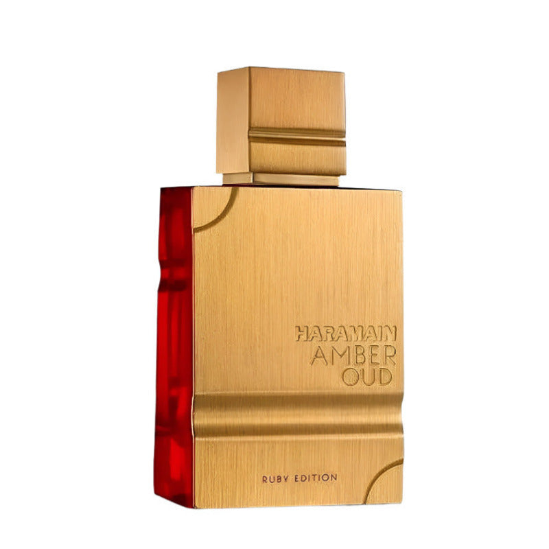 A bottle of Amber Oud Ruby Edition Eau de Parfum by Al Haramain with a gold and red color scheme.