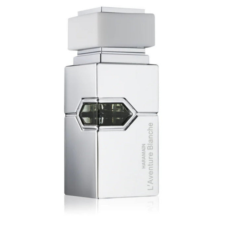 A silver-colored bottle of L'Aventure Blanche Eau de Parfum by Al Haramain with a geometric design.
