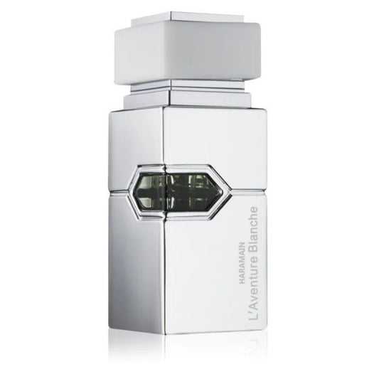 A silver-colored bottle of L'Aventure Blanche Eau de Parfum by Al Haramain with a geometric design.