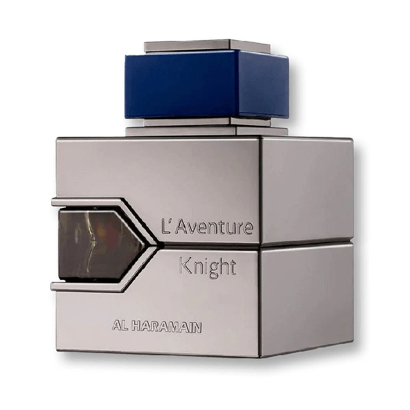 A bottle of L'Aventure Knight Eau De Parfum by Al Haramain with a blue cap, silver body, and black label.