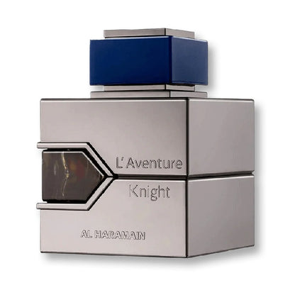 A bottle of L'Aventure Knight Eau De Parfum by Al Haramain with a blue cap, silver body, and black label.