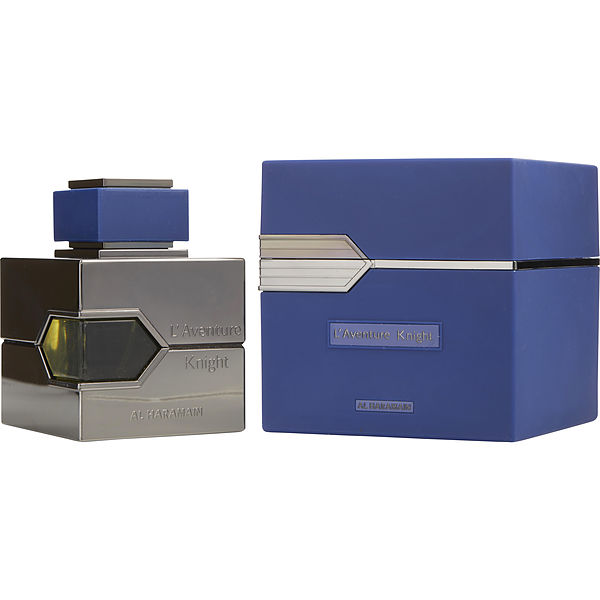 A product image featuring L'Aventure Knight Eau De Parfum by Al Haramain, with a perfume bottle and box packaging. The bottle is clear with a black cap and the box is blue with silver accents.